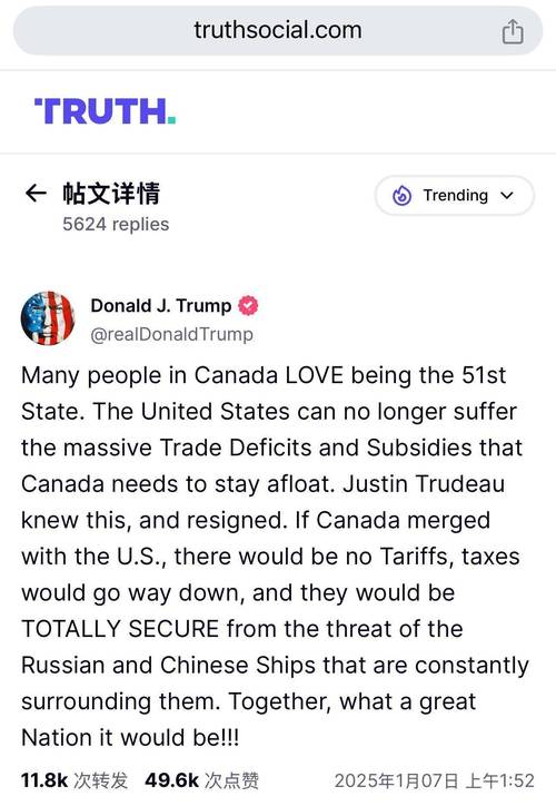 特朗普：让加拿大成为美国“第51个州”，我真不是开玩笑